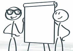 Bild mit zwei gezeichneten Figuren vor einem Flipchart